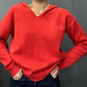 Red v neck hooded sweater pullover hoodie